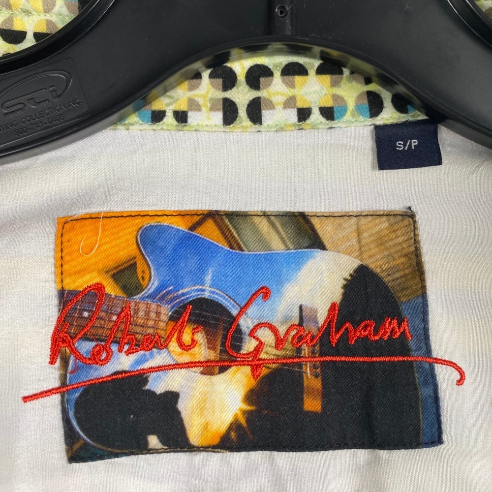 Robert Graham Mens Striped Button Down Shirt Blue Yellow Guitar Cuffs Size Small - Picture 2 of 10
